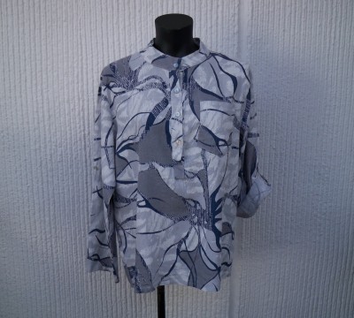 Grå/Vit Mönstrad Linneblus Med Lång Ärm