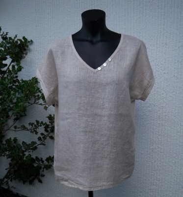 Beige V-ringad Blus Lin/Bomull