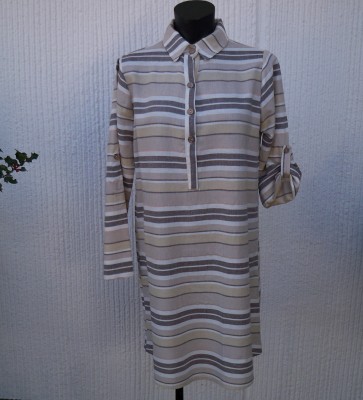 Randig Klänning Lin Viskos Beige Vit Ljusbrun