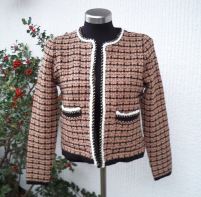 Kort Stickad Rutmönstrad Jacka Kamelbrun Svart